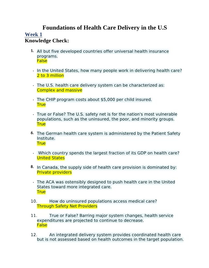 Foundations of U.S. Health Care Delivery - Weeks 1-3