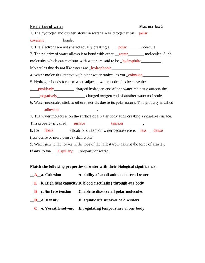 Water Properties - Cohesion and Polarity