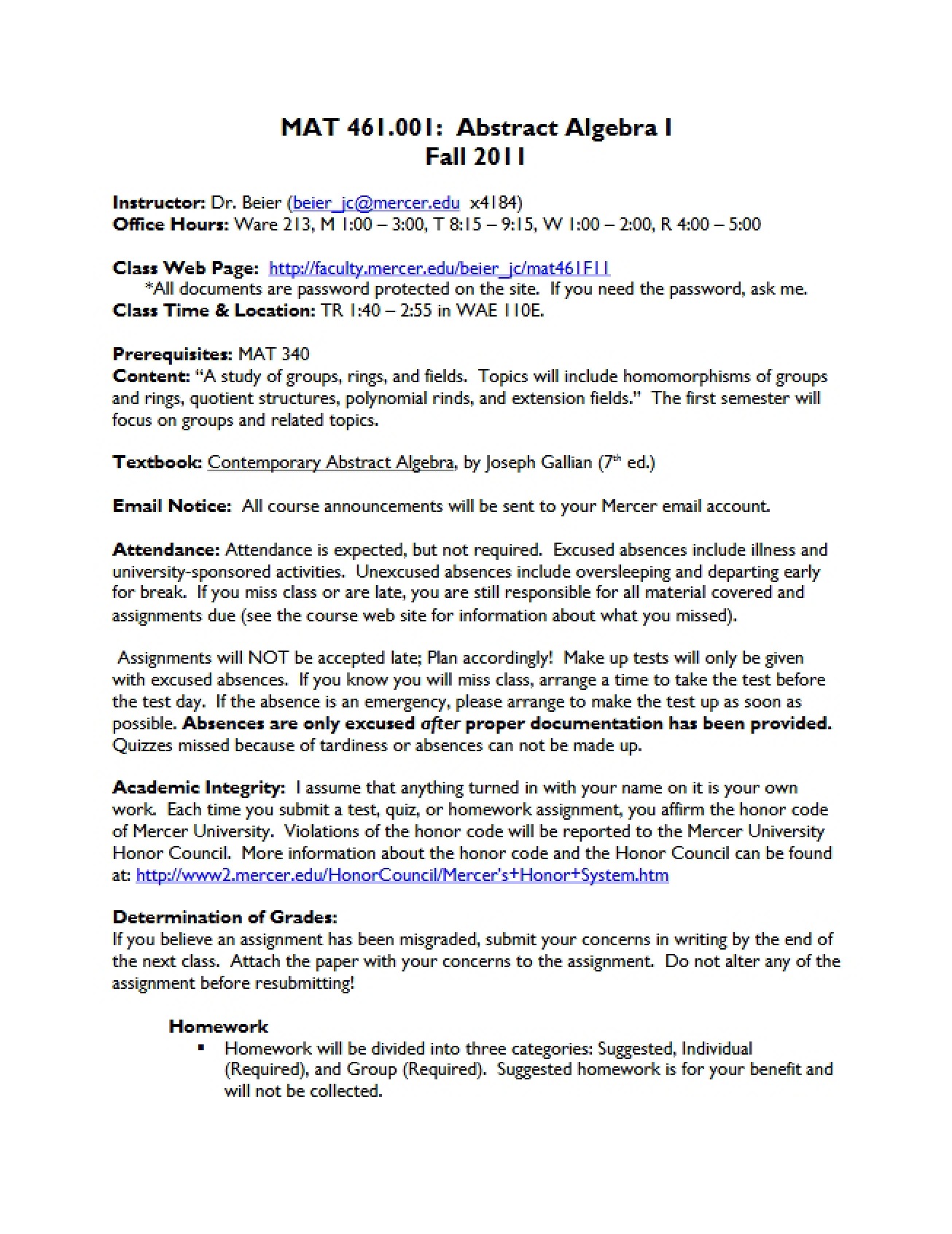 Abstract Algebra 1 Syllabus