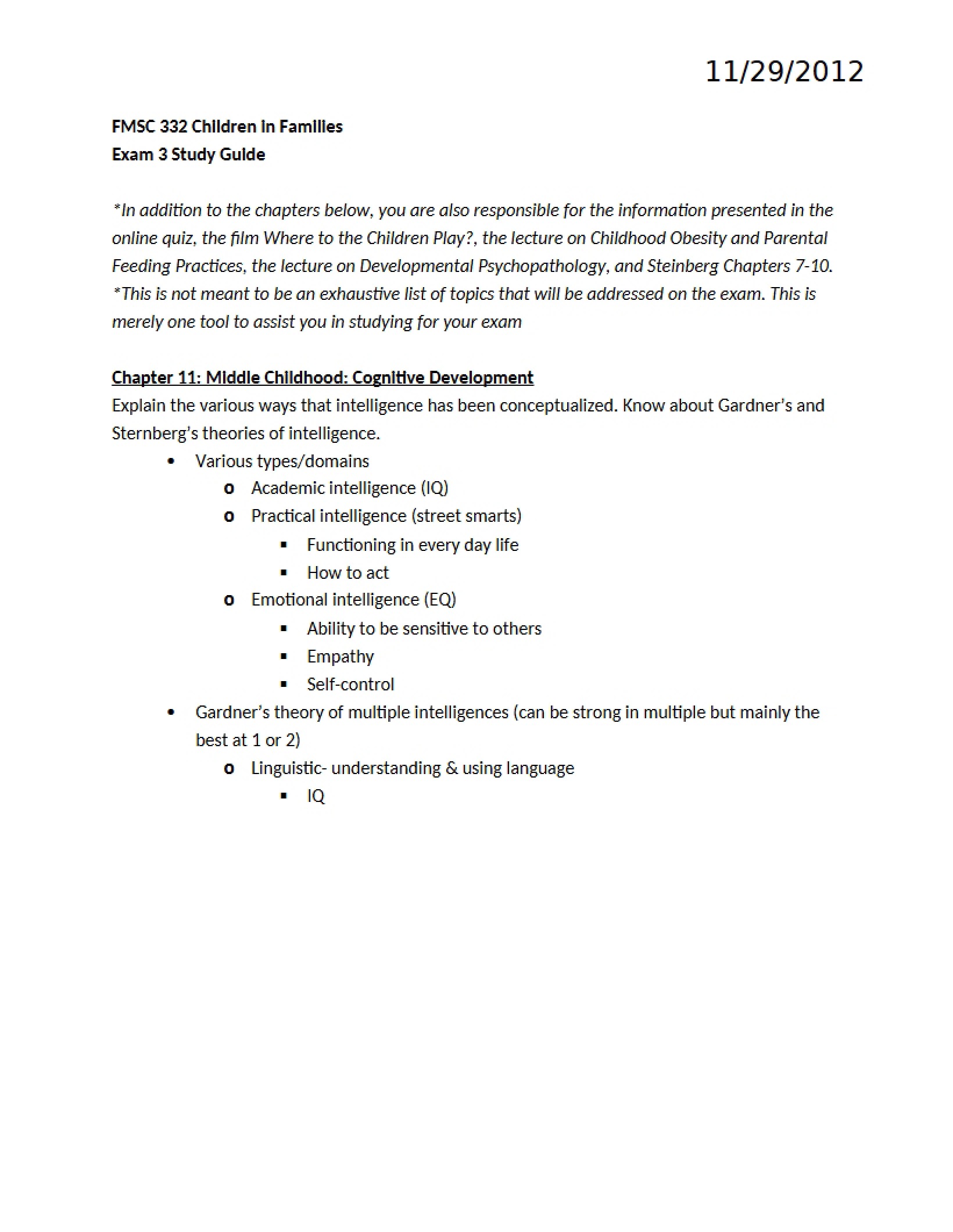 Study Resource for Exam 3