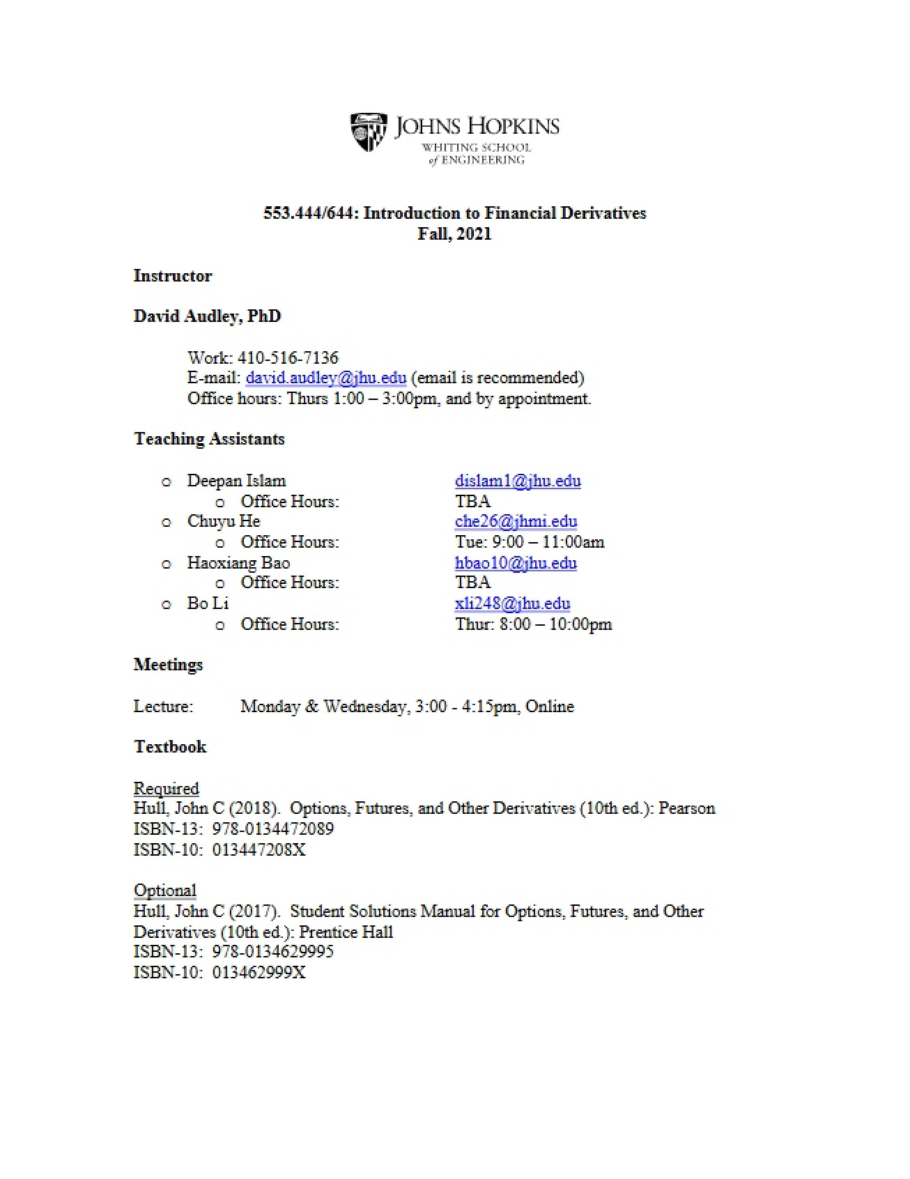 Financial Derivatives Course Guide