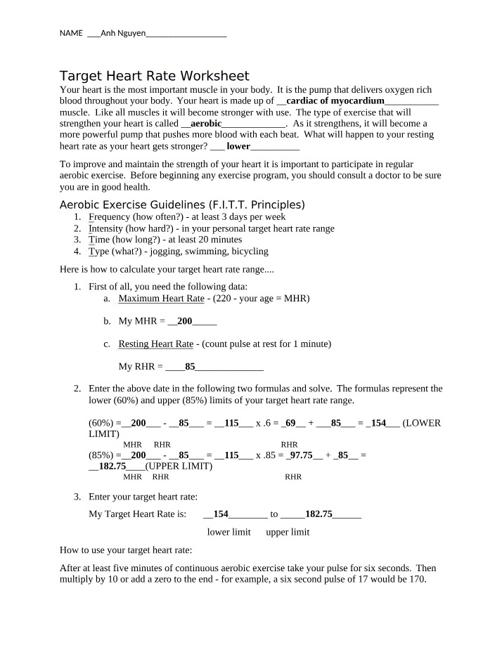 Worksheet - Target Heart Rate