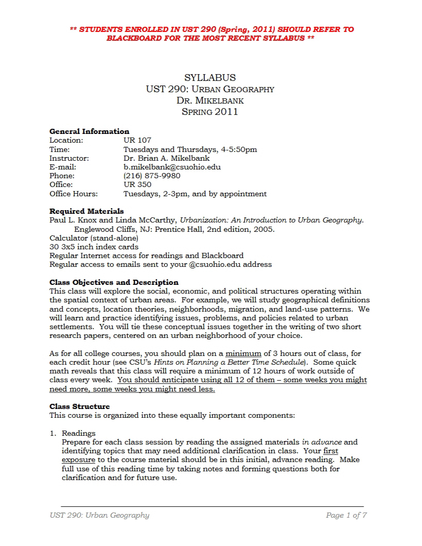 Urban Geography Syllabus