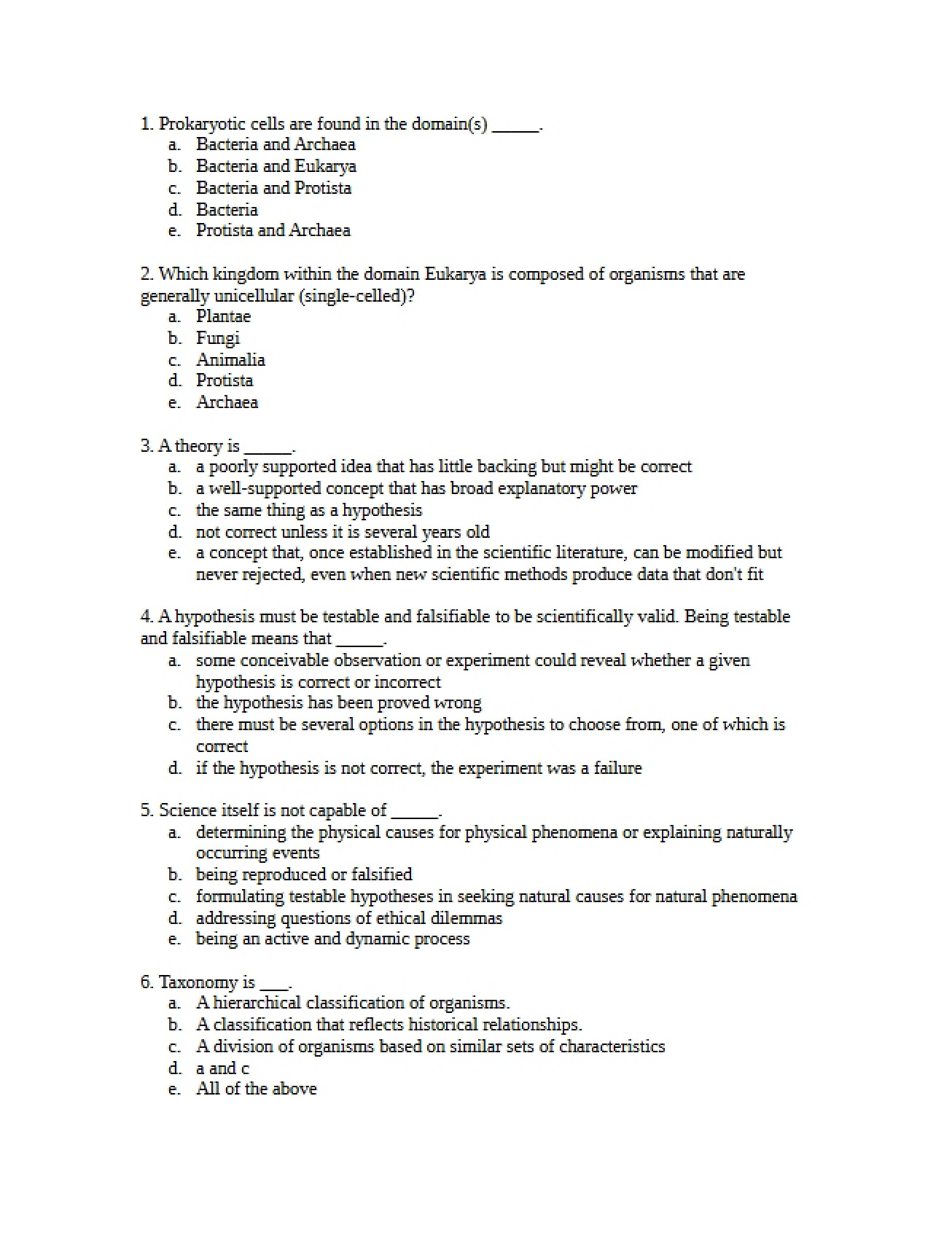 Biology Test Preparation Exercises