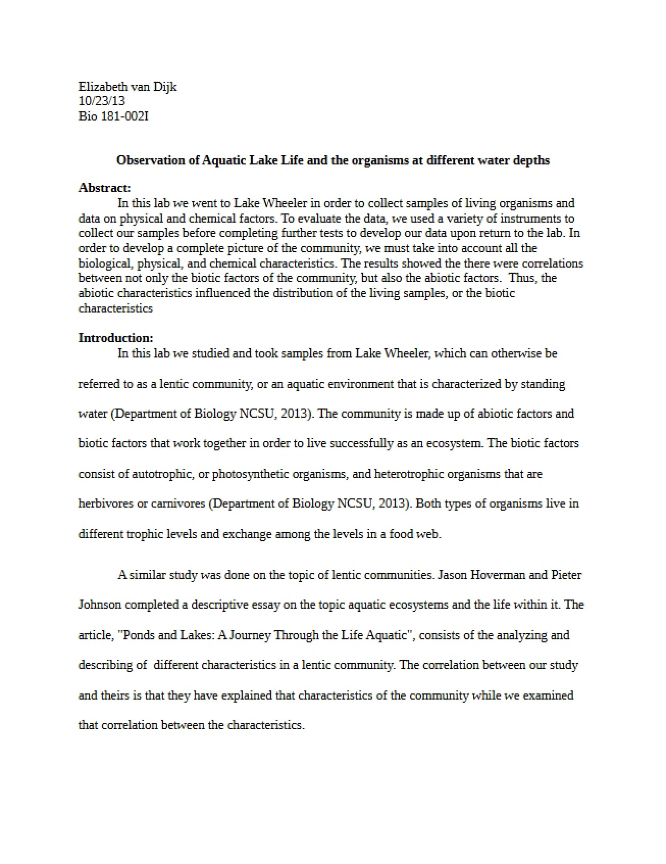 Lab Report Aquatic Communities