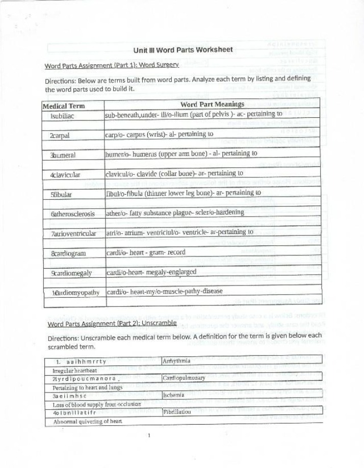 Word Parts Worksheet for Unit III