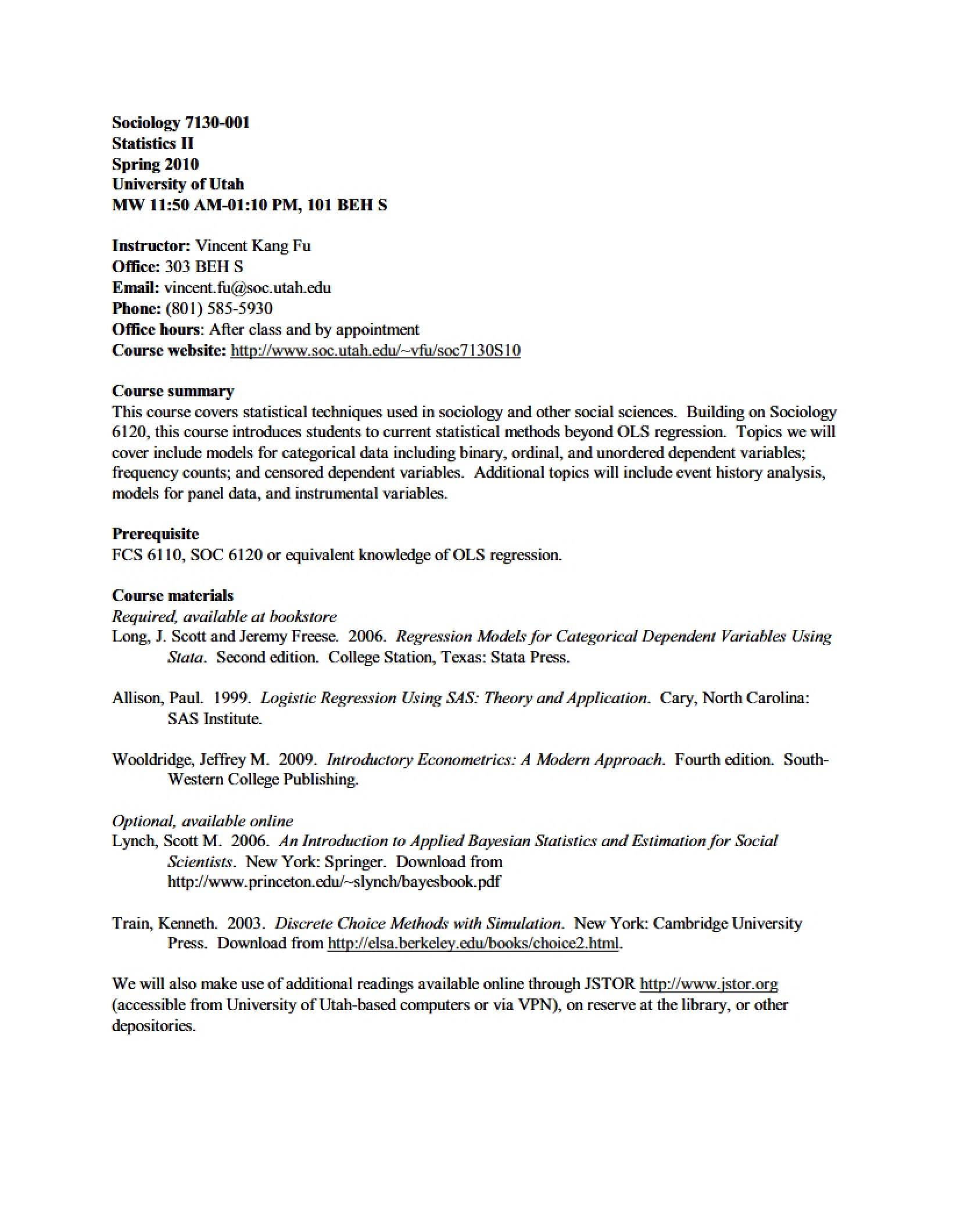 Statistics Two Syllabus