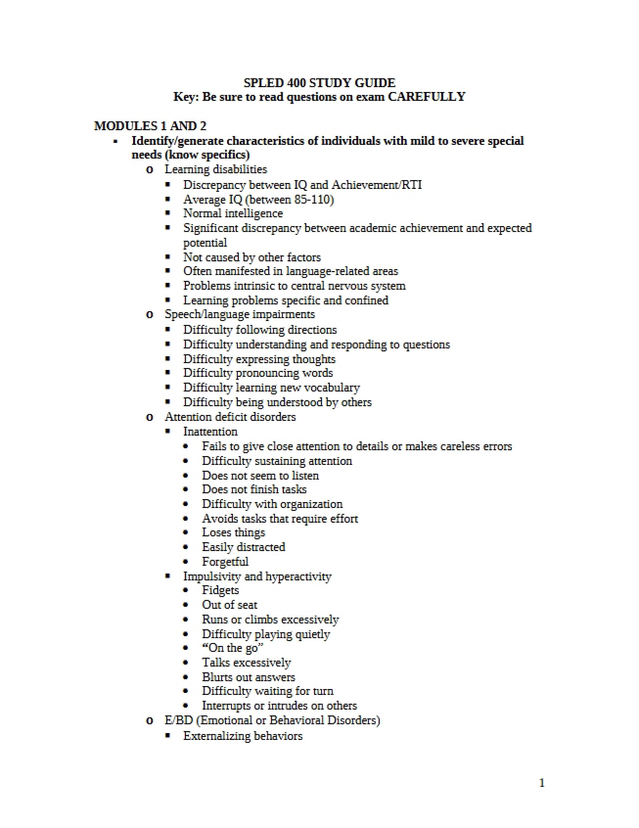 SPLED 400 Study Guide