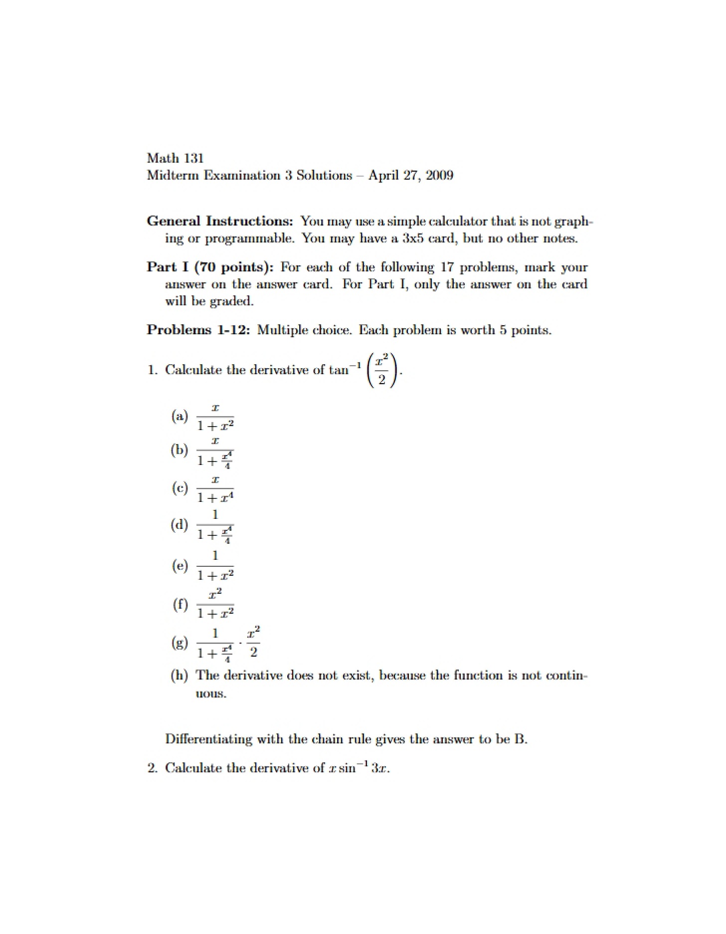 Solutions for Exam 3 - Spring 2009