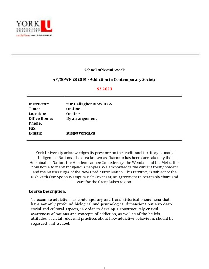 Course Outline for SOWK 2020 - Addiction in Contemporary Society