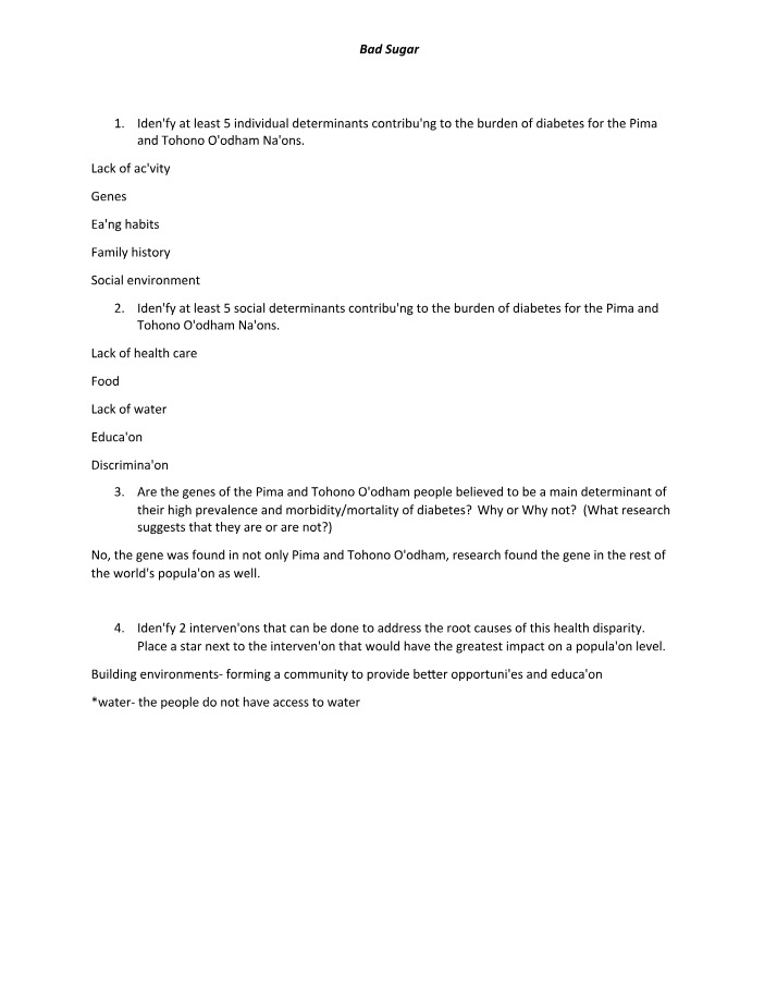 Worksheet on Bad Sugar
