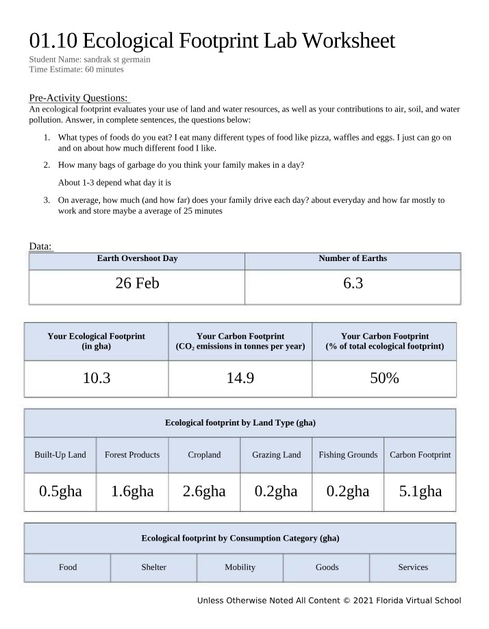 Worksheet for Ecological Footprint Lab