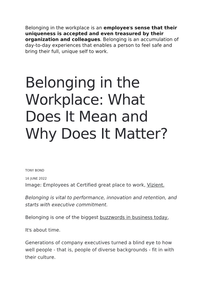 Workplace Belonging - Importance and Business Impact