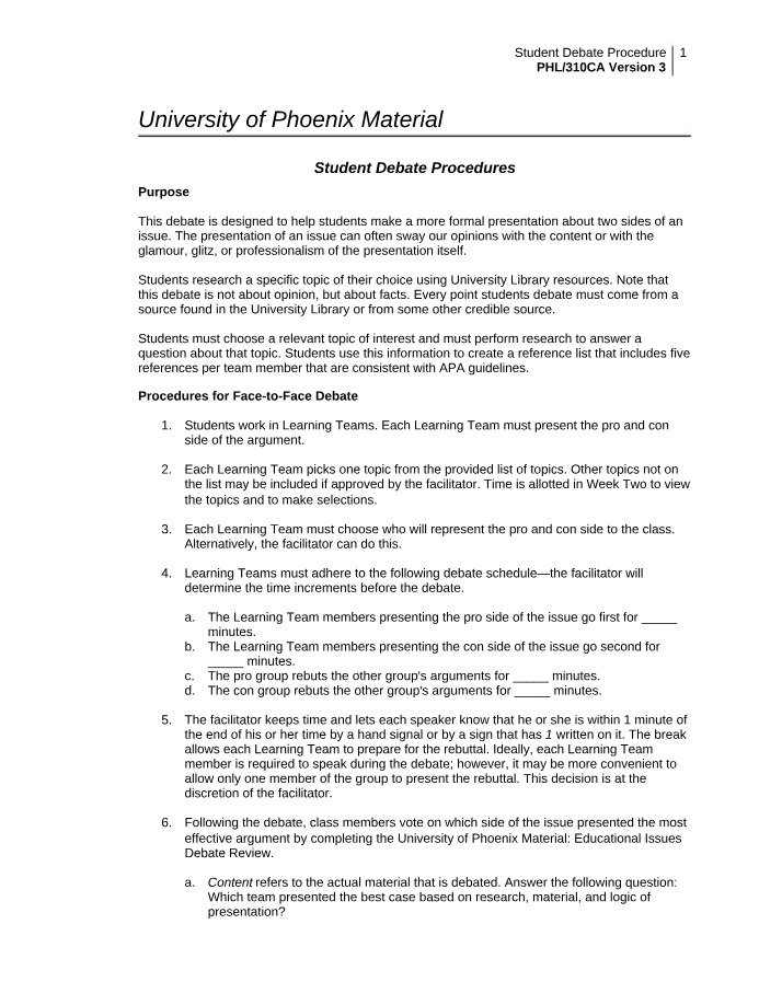 Student Debate Procedures for Enhancing Presentation Skills
