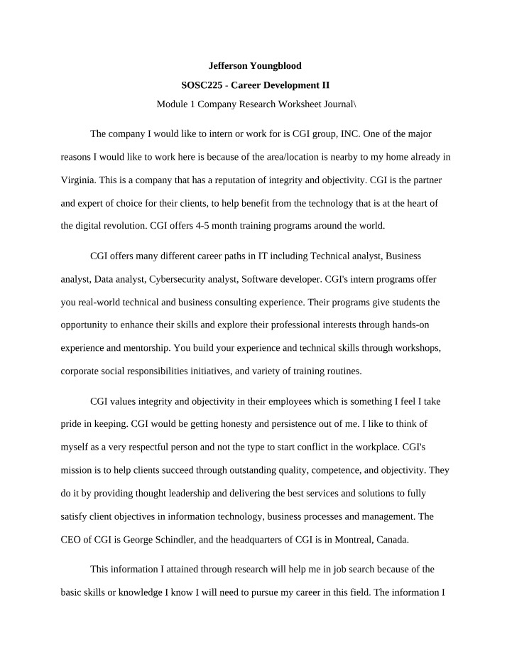 Company Research Worksheet - Module 1 Journal