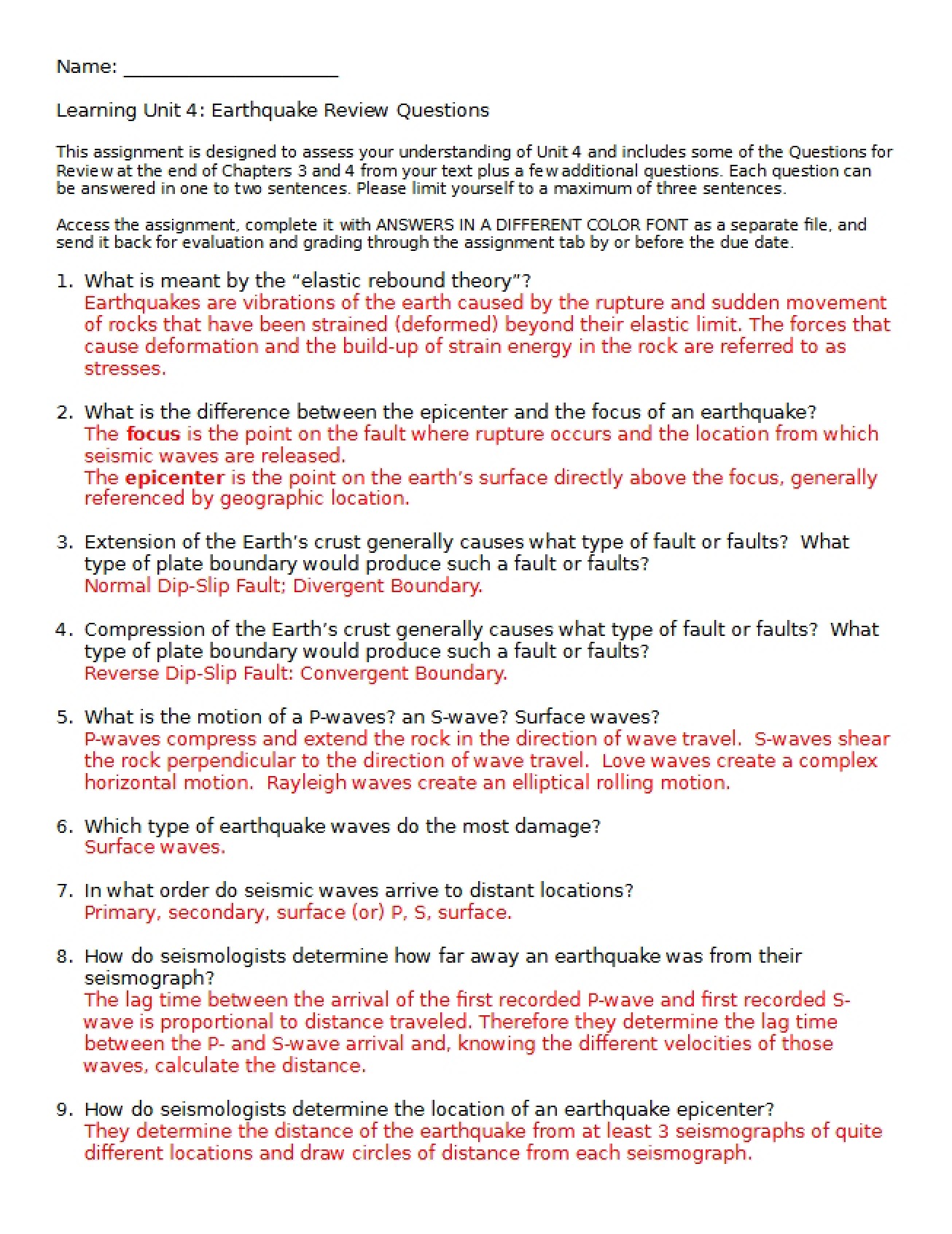 Earthquake Review Answer Key
