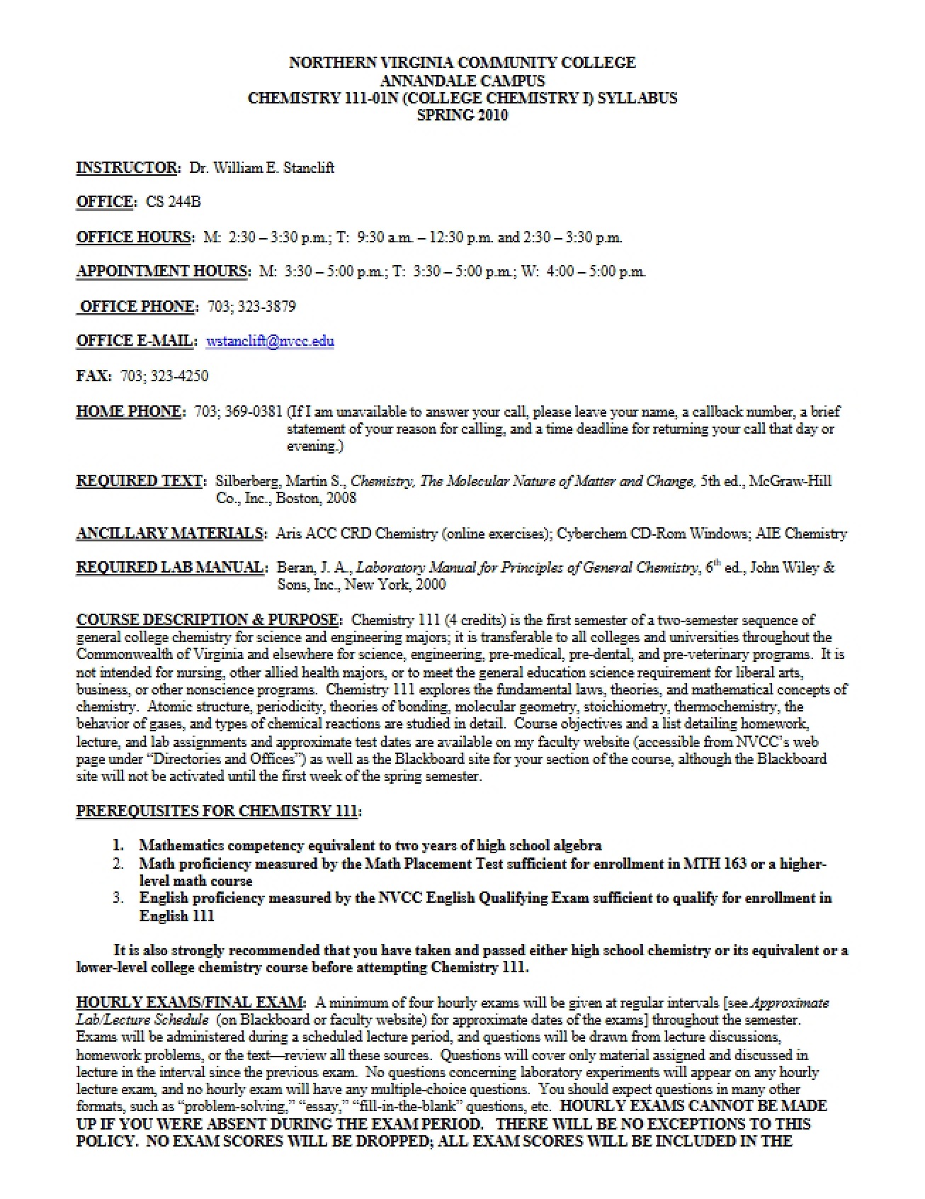 College Chemistry I Syllabus