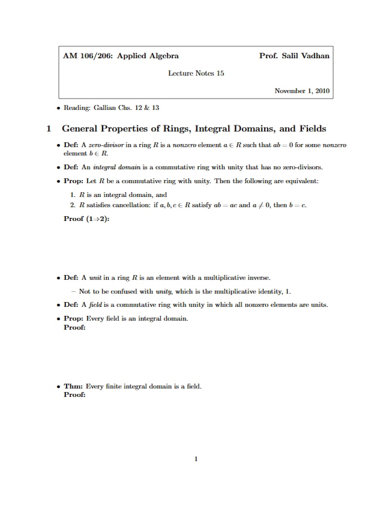 Fifteenth Lecture Notes for Applied Algebra
