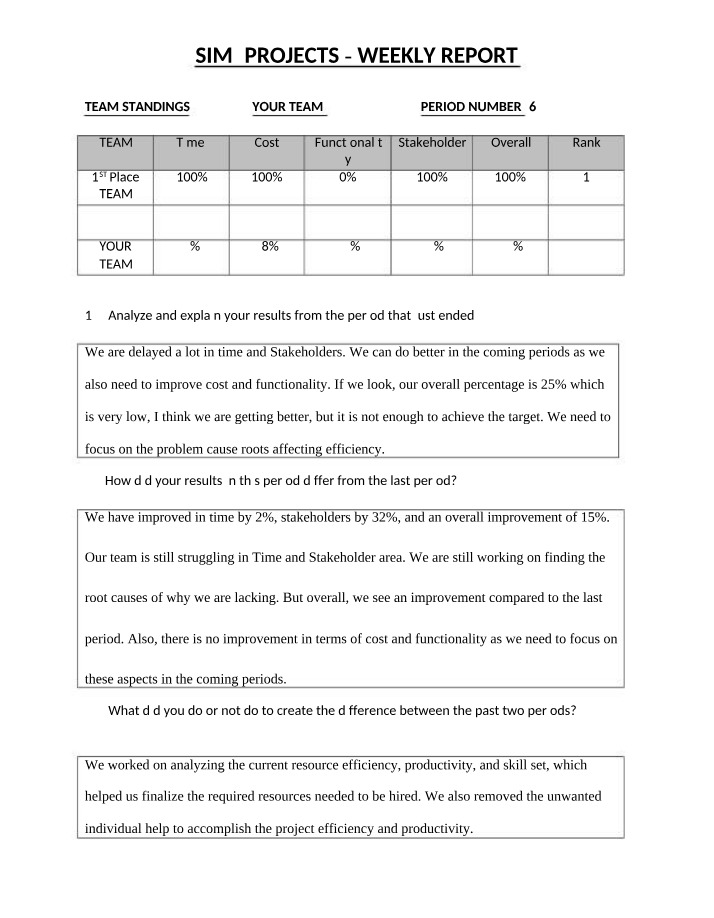 Weekly SIM4Projects Report
