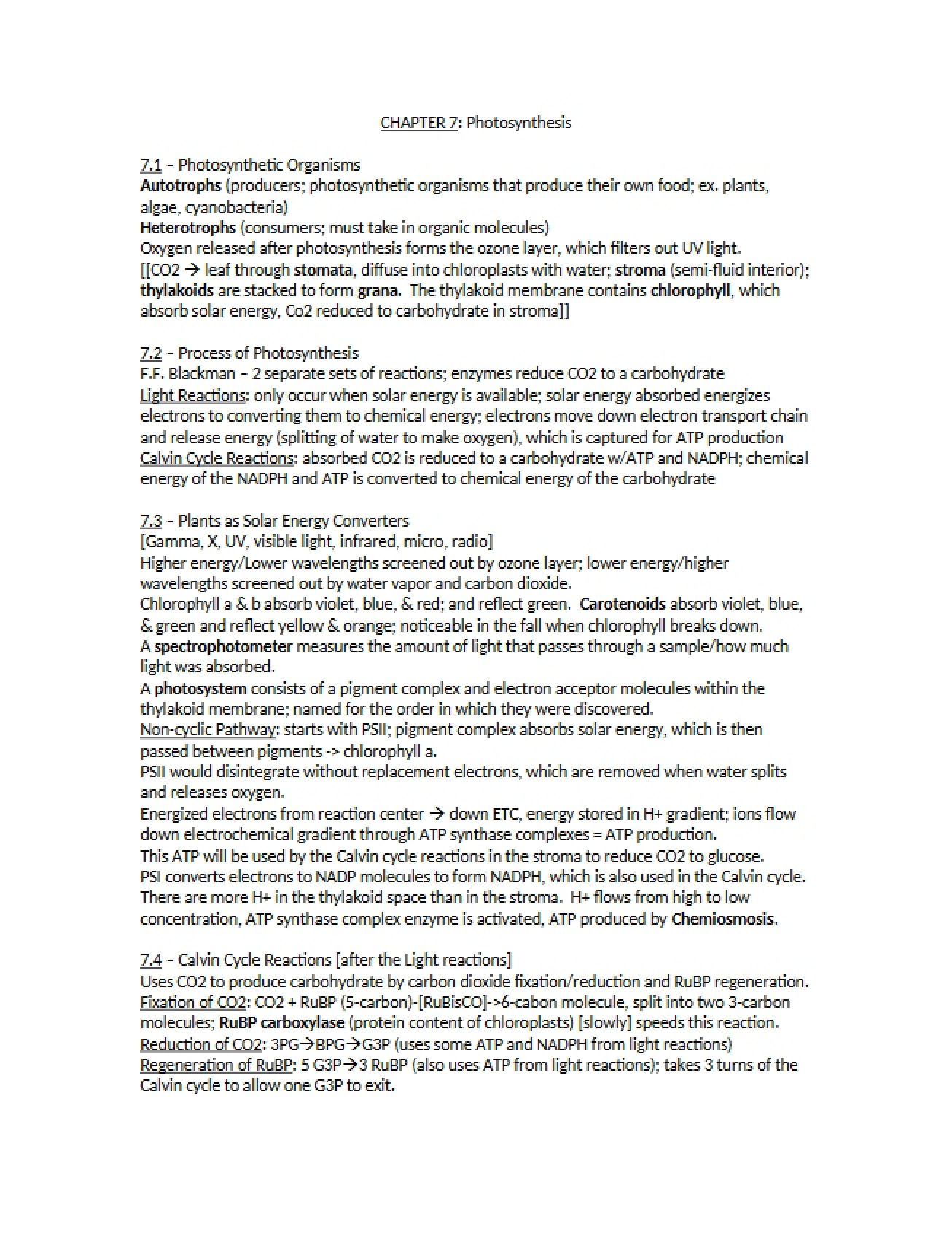 Photosynthesis Chapter Seven