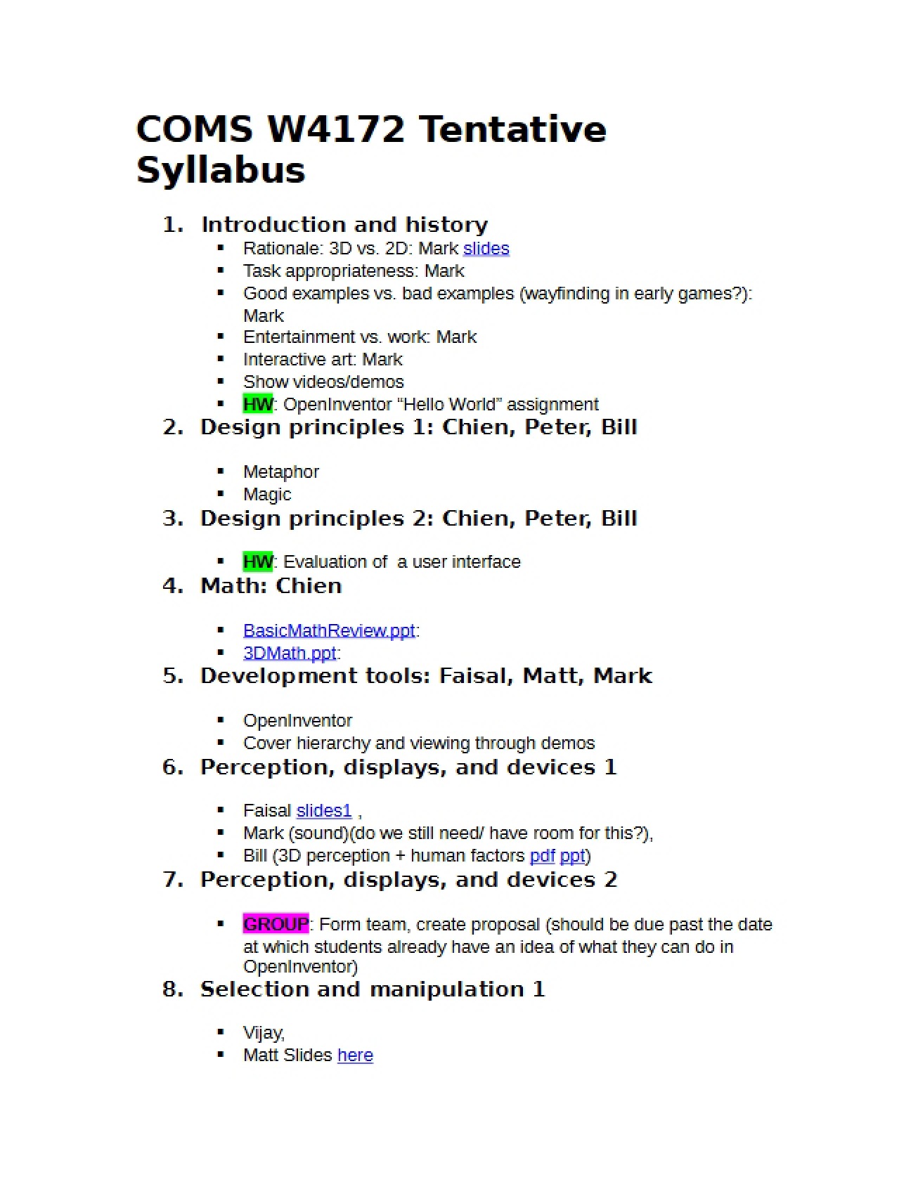 Tentative Syllabus 3D UI and Augmented Reality