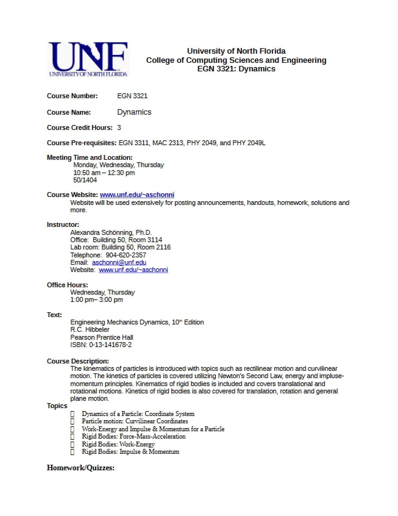 Dynamics Class Syllabus