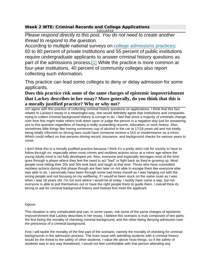 Criminal Records and College Applications - Week 2 WTE