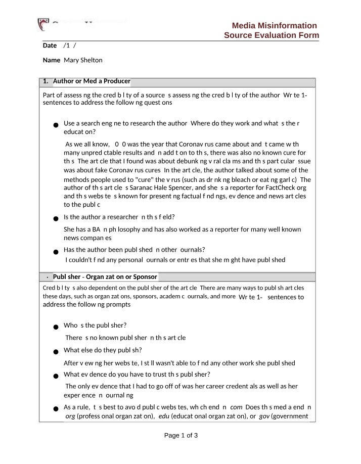 NURSFPX1000 - Misinformation Evaluation