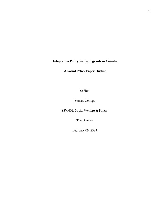 Integration Policy for Immigrants in Canada - Social Policy Paper Outline