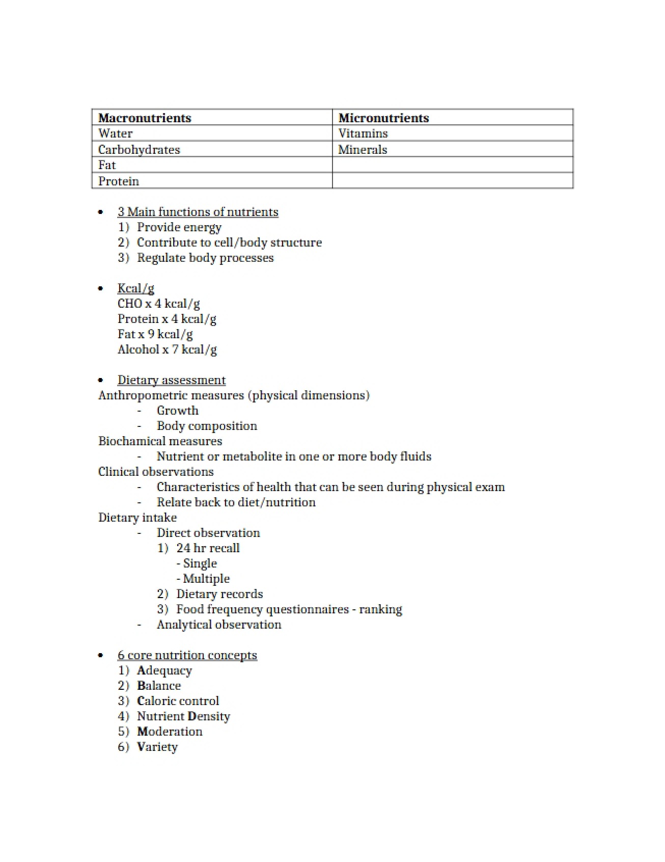 Class Notes on Nutrition