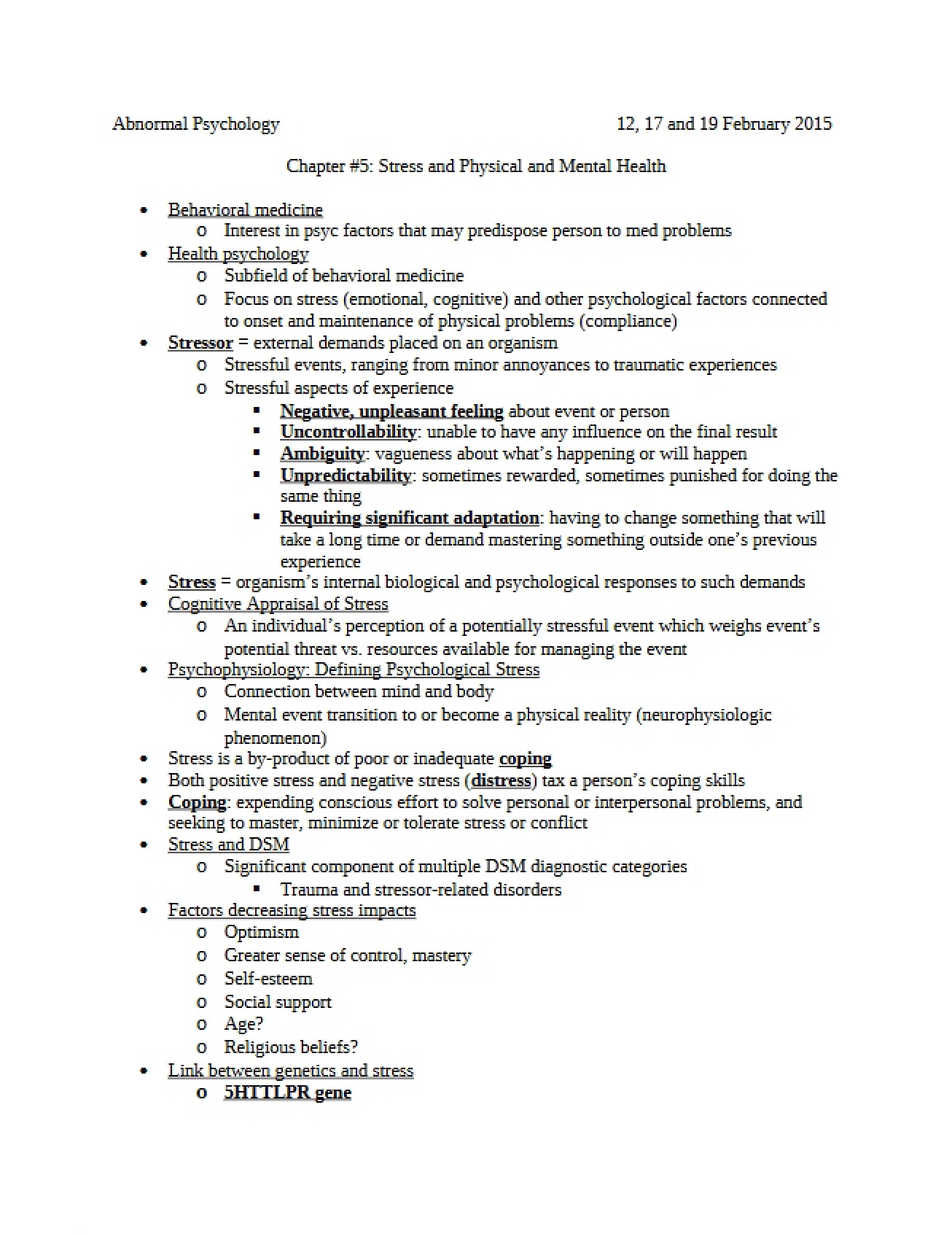 Mental and Physical Health and Stress (Chapter 5)