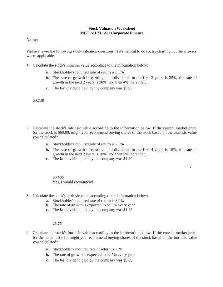 Worksheet on Stock Valuation