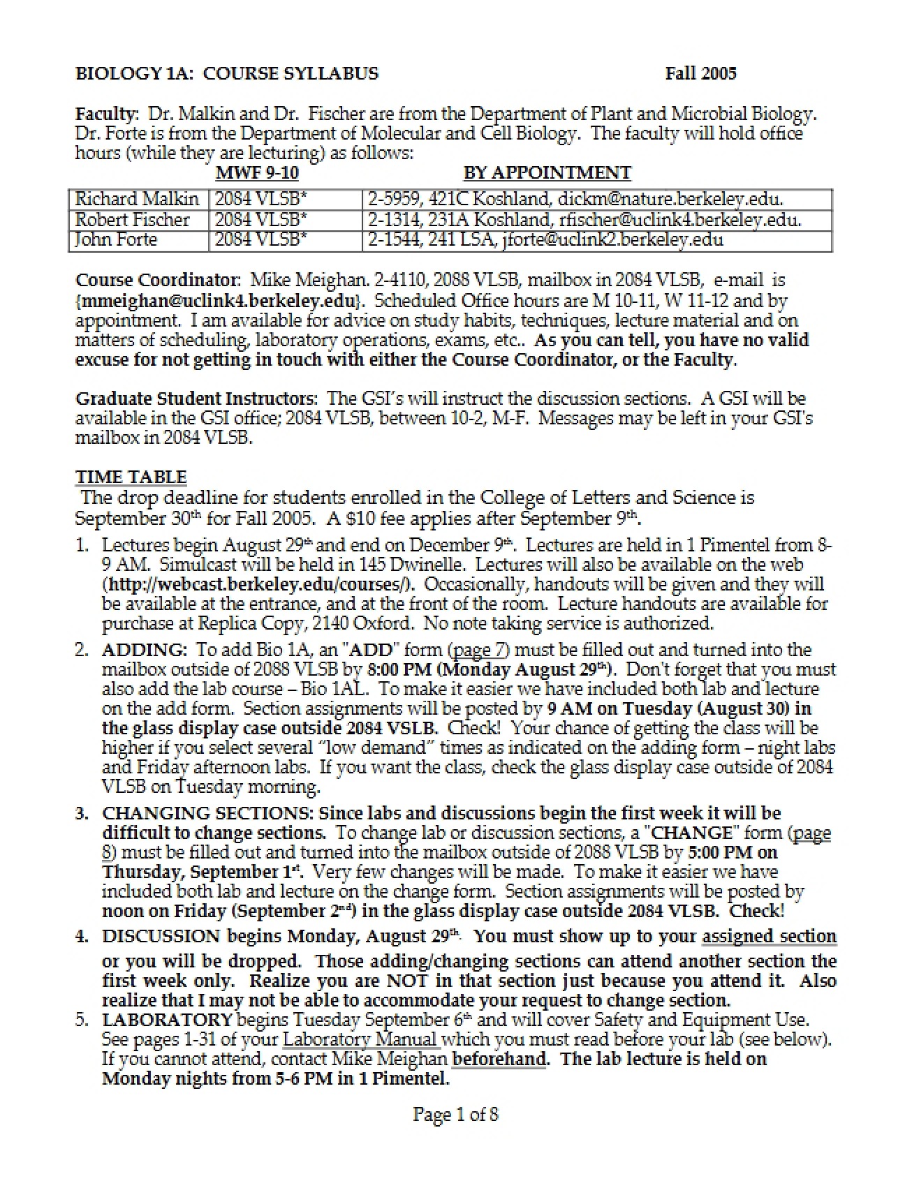 Course Outline for General Biology
