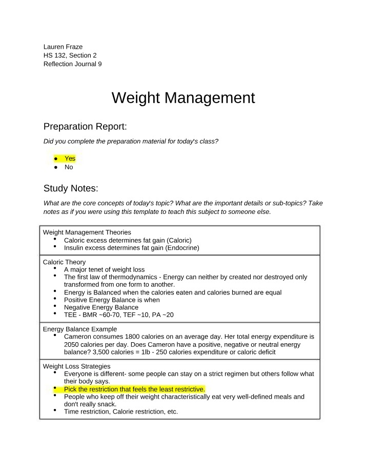 Weight Management and Behavioral Changes - Journal 9