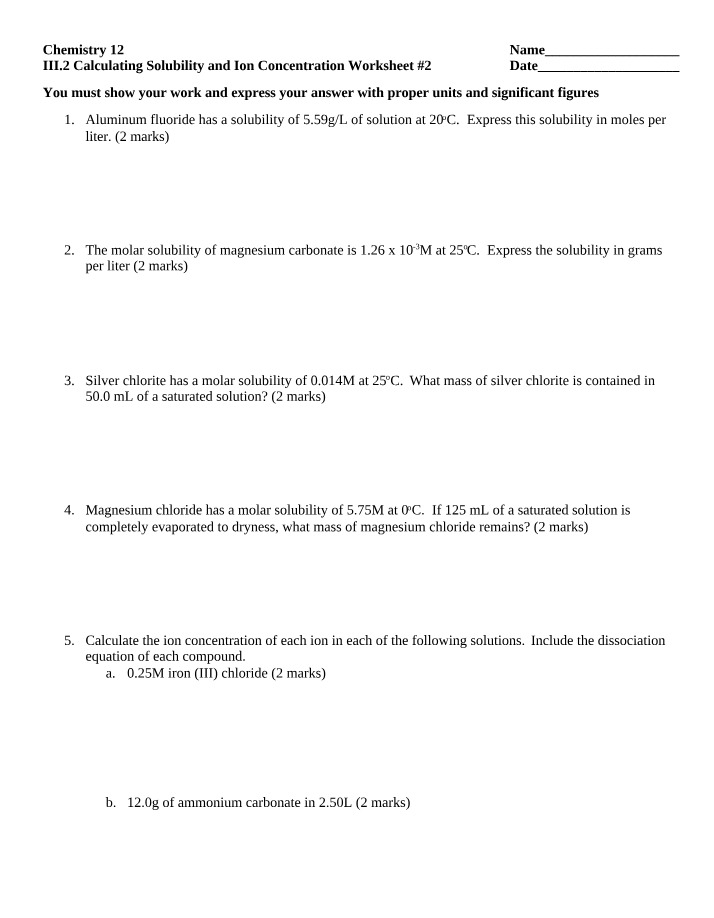 Worksheet 2 - Calculating Solubility and Ion Concentration