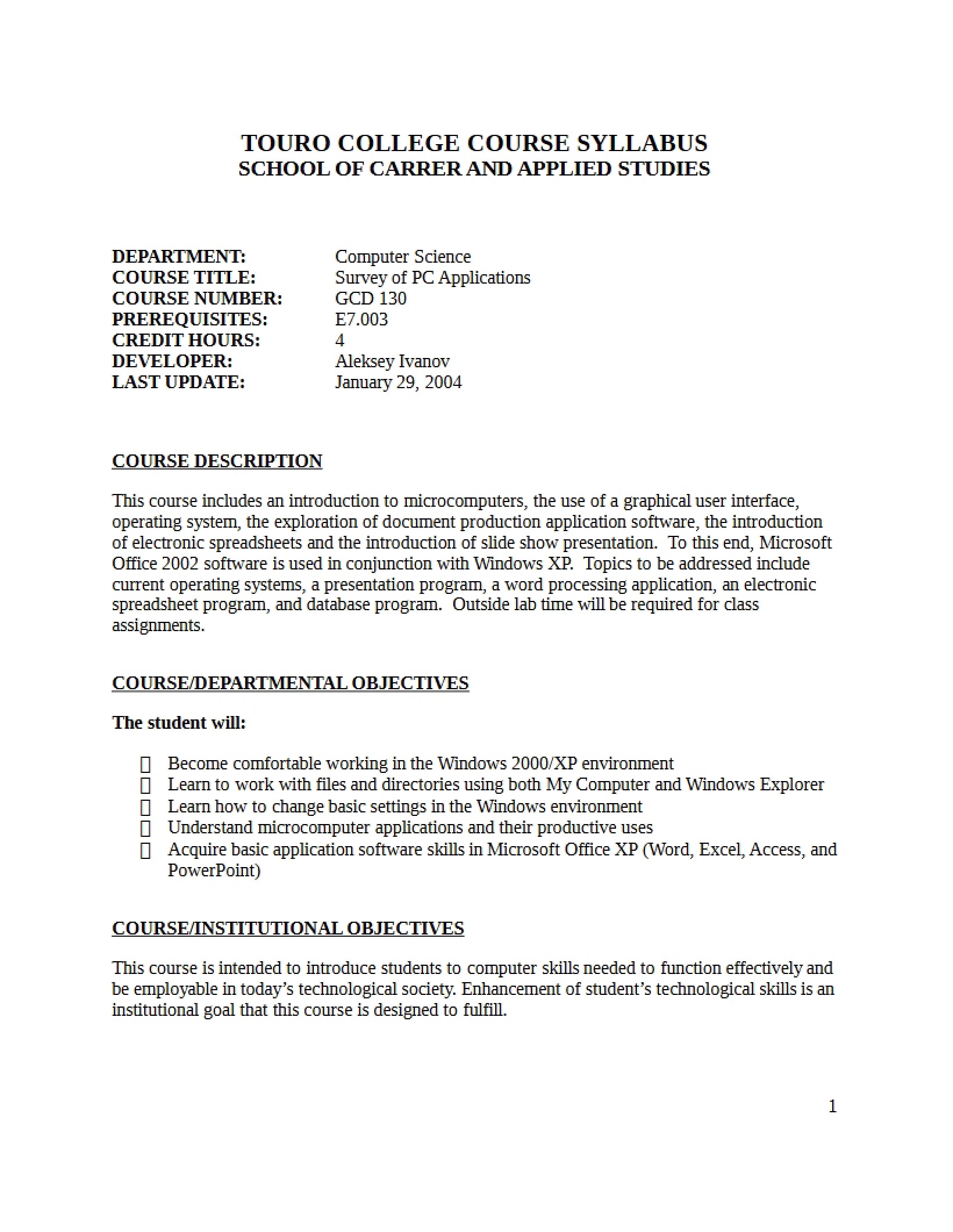 PC Applications Survey Syllabus