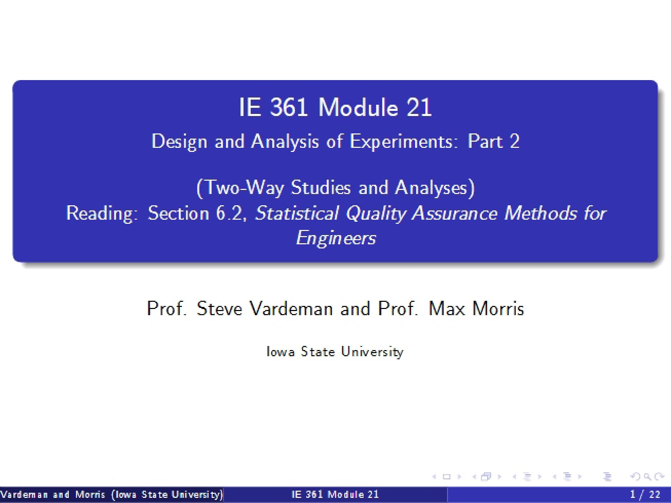 Twenty-First Module, Part C on Statistical Quality Assurance