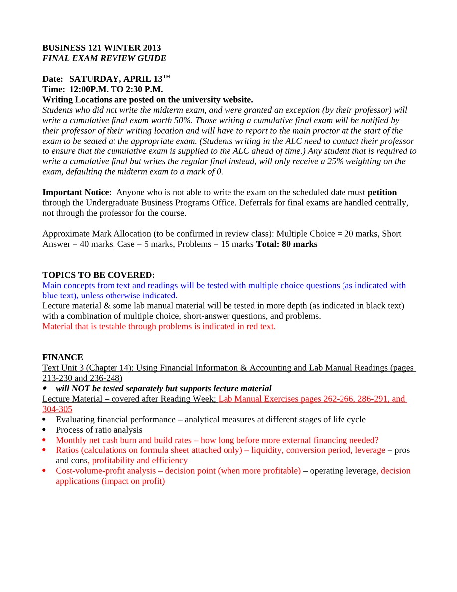 Final Exam Review Guide (Winter 2013) - Business 121