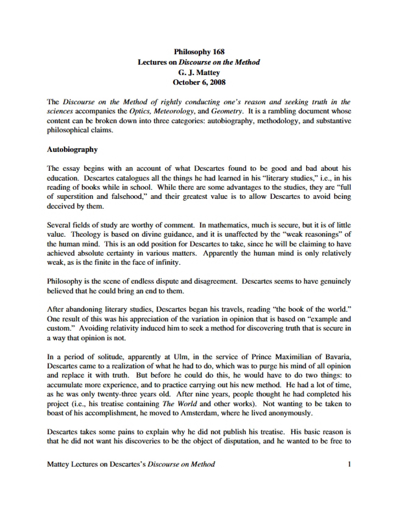 Lectures on the Discourse on the Method