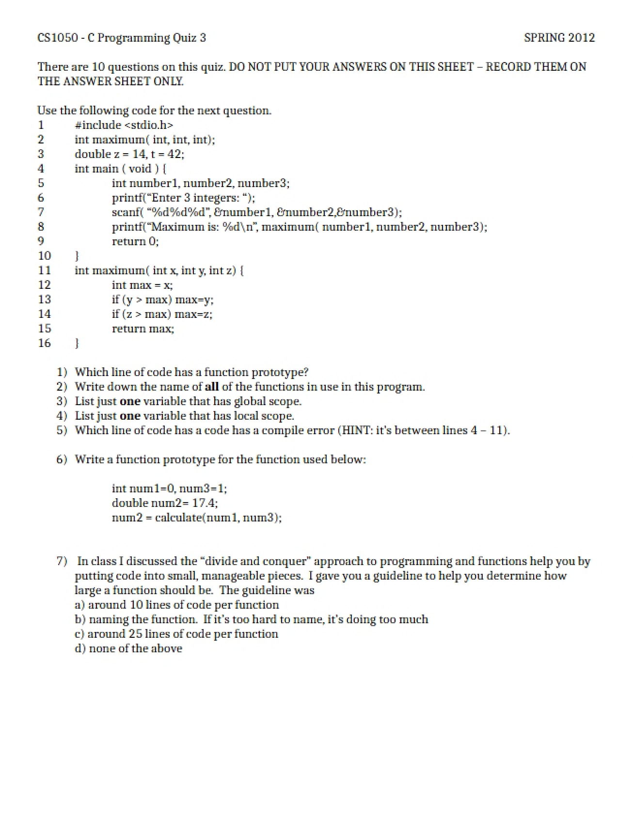 Quiz 3 A (CS1050)