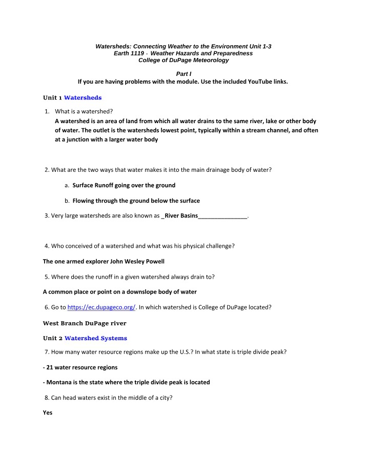 Worksheet for Watersheds Part 1