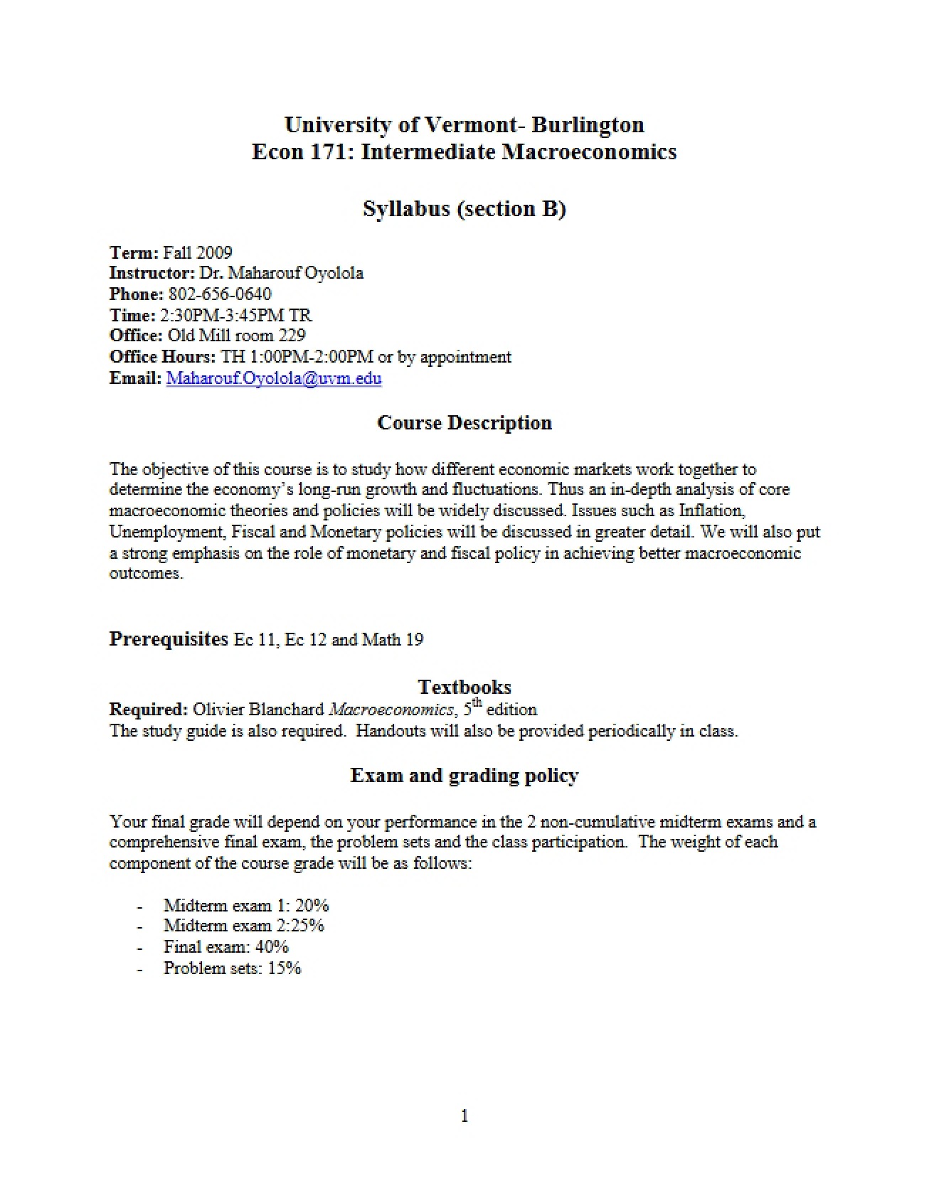 EC 171 Macroeconomic Theory Syllabus