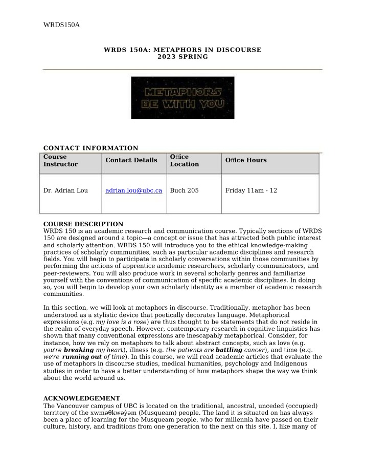 WRDS 150A Online Syllabus - Spring 2023 (Lou)