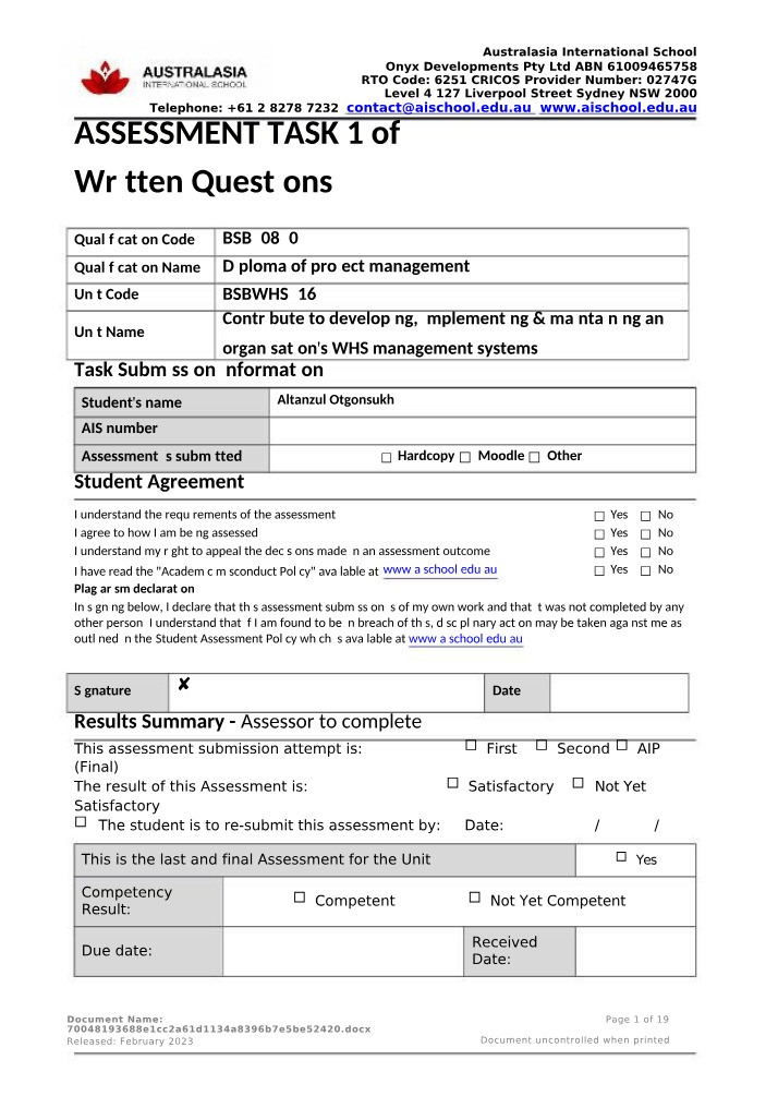 Written Questions for Assessment Task 1 - Diploma of Project Management