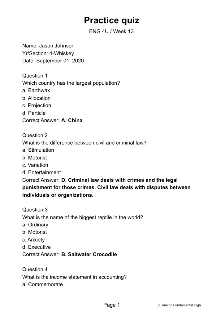 Practice Quiz for ENG4U
