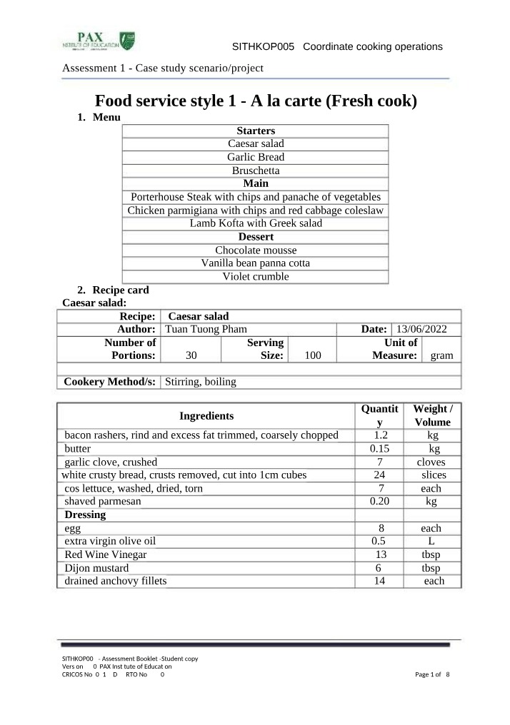 Course Material for Coordinate Cooking Operations