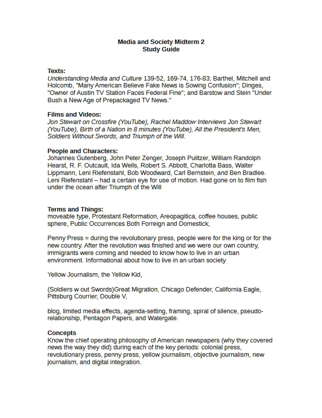 Study Guide for Media and Society Midterm Two