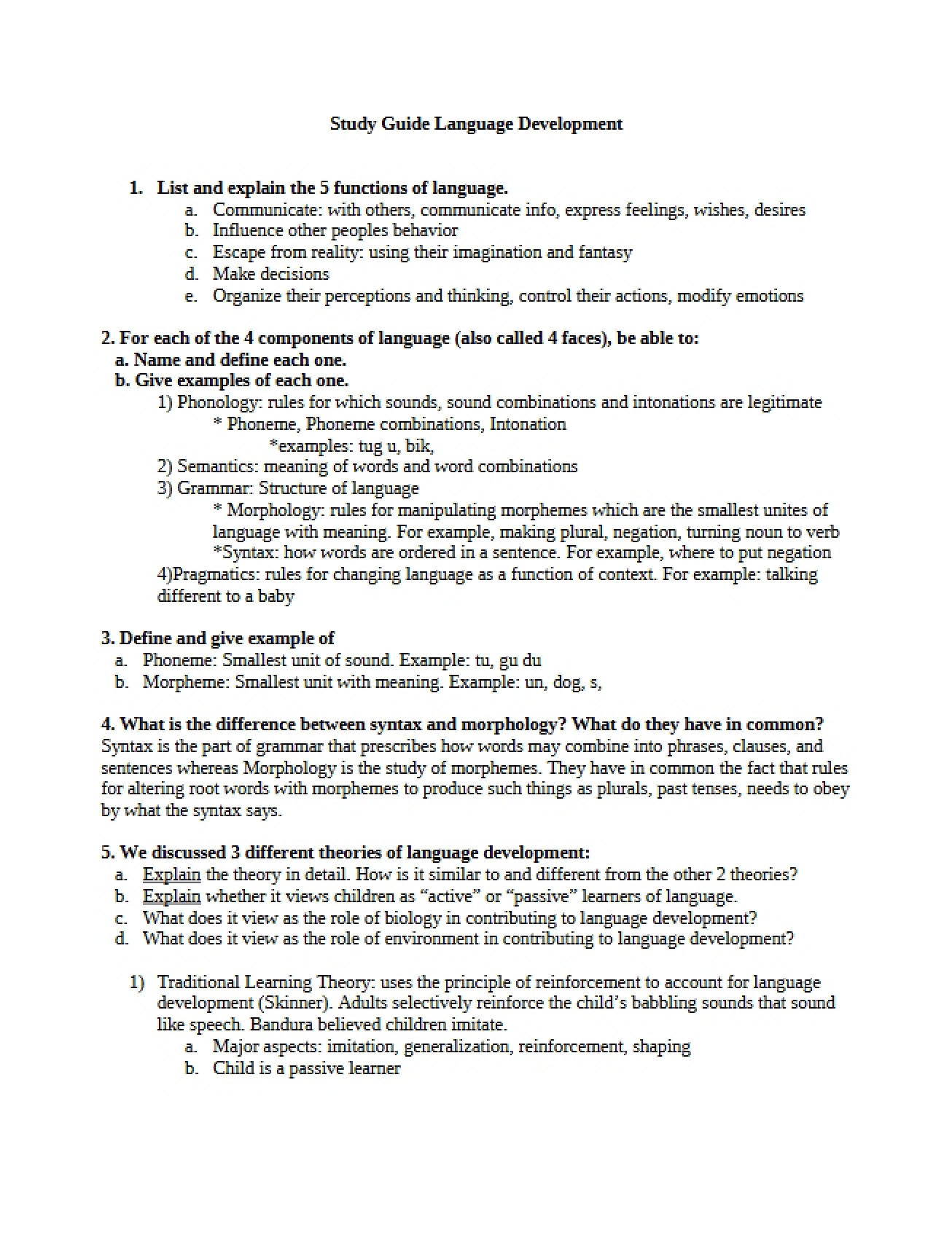 Study Guide on Language Development, Part One