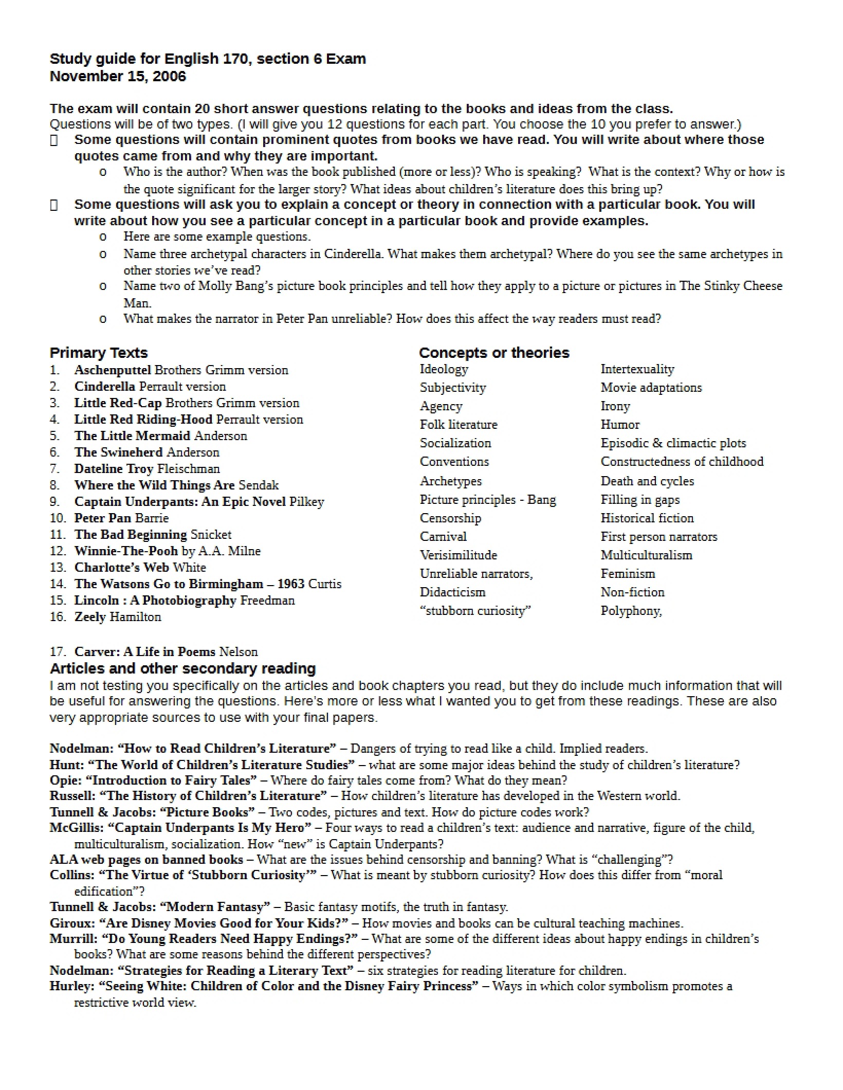 English 170 Study Reference