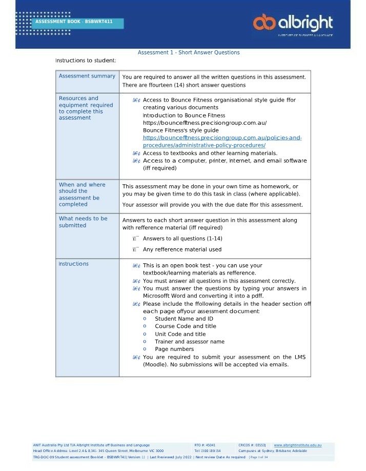 Short Answer Questions for BSBWRT411 Assessment
